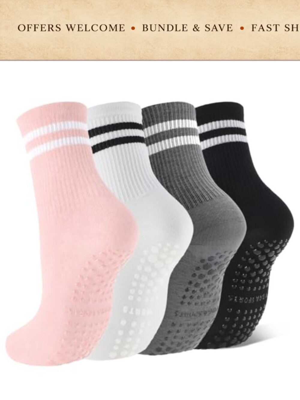 Non-Slip Grip Socks for Women Pilates Yoga Barre Cotton 4 Pairs